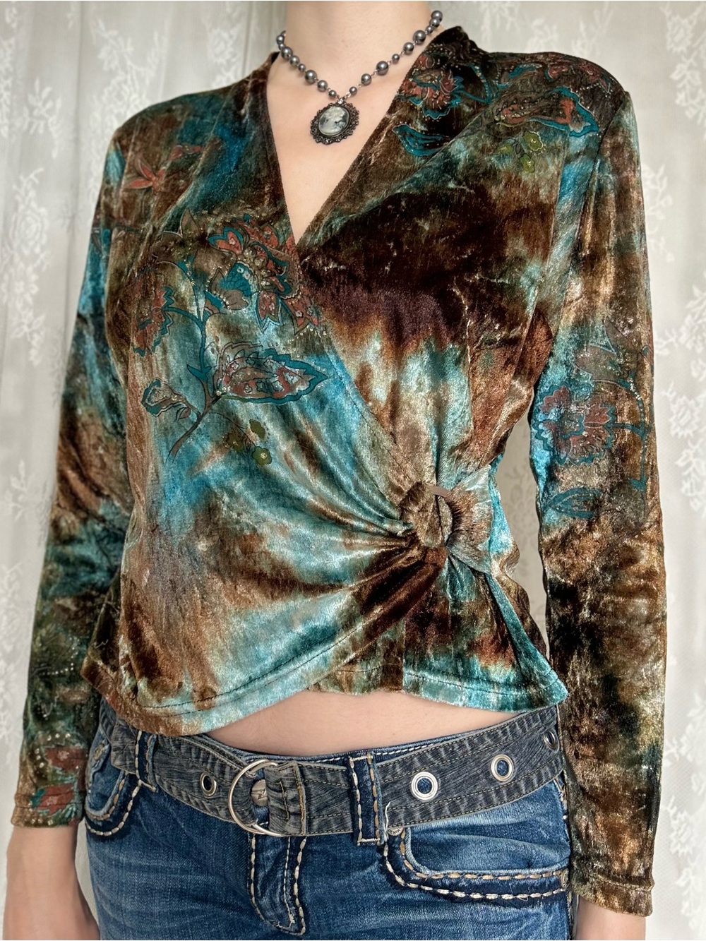Vintage Whimsygoth Blue & Brown Velvet Top